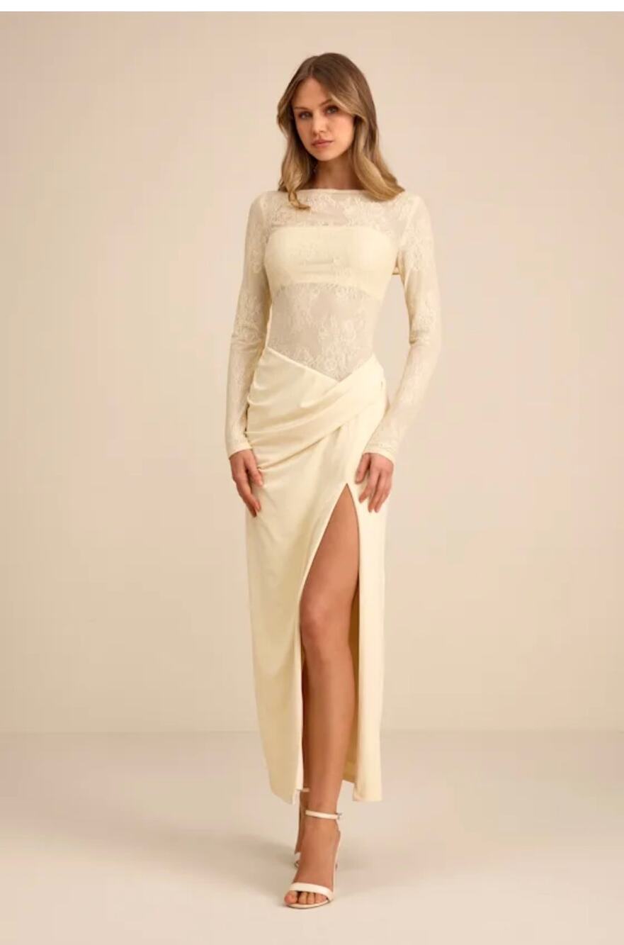 Lulus Nadina Pale Yellow Lace Long Sleeve Maxi Dress sz XS